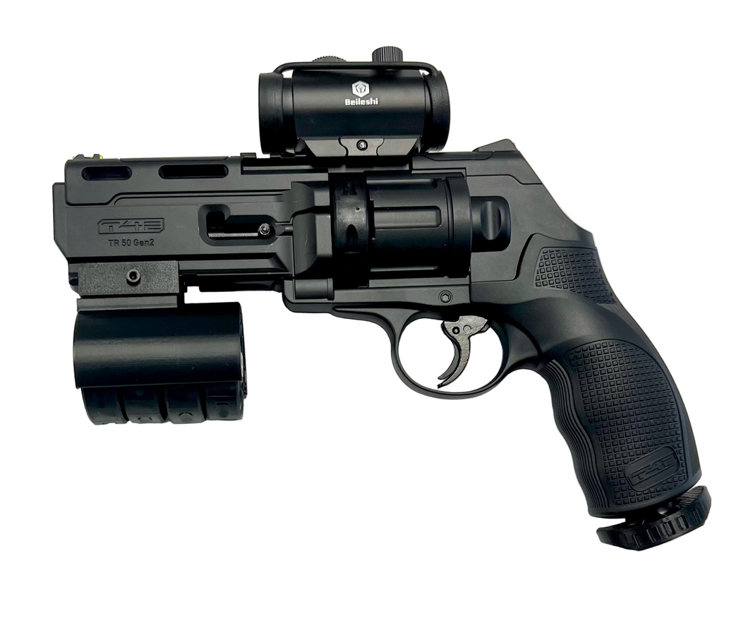 T4E HDR/TR50 GEN2 CUSTOM HOME DEFENSE EDITION .50 Caliber Co2 Revolver- Up To 22 JOULES 600fps - Rubber/Riot Ball  Black - W/ 4x Magazine Holder And Punch Button Package!