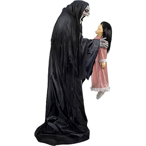 Haunted Hill Farm Soul Sucker Demon Reaper with Child by Tekky, Motion-Activated Talking Scare Prop Animatronic for Creepy Indoor or Covered Outdoor Halloween Decoration, Plug-in or Battery Operated